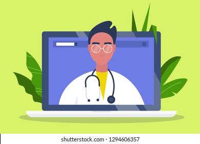 Doctor appointment. Online consultation. Modern healthcare technologies. Hospital. Millennial male therapist. Flat editable vector illustration, clip art