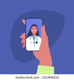 Doctor appointment. Online consultation. Modern healthcare technologies. Hospital. Millennial patient. Flat editable vector illustration, clip art