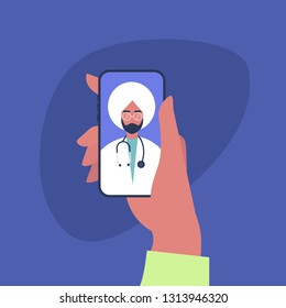 Doctor appointment. Online consultation. Modern healthcare technologies. Hospital. Millennial patient. Flat editable vector illustration, clip art