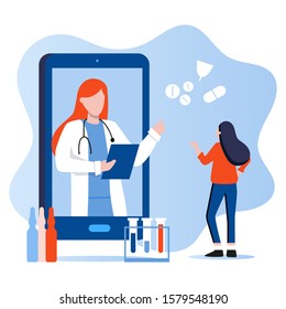 Doctor appointment. Online consultation. Modern healthcare technologies. Young female character talking with female doctor or gynecologist on smartphone screen. Birth control, menstrual cycle