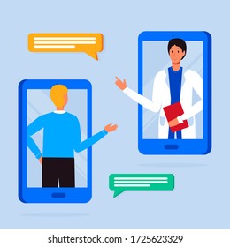 Doctor appointment. Online consultation. Modern healthcare technologies. Hospital. Young patient character talking with doctor via phone. Telemedicine, consultation, therapy, pharmacy. App, messenger.