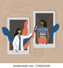 Doctor appointment. Online consultation. Modern healthcare technologies. Hospital. Young female character talking with doctor. Telemedicine, consultation, therapy, pharmacy. App, messenger.