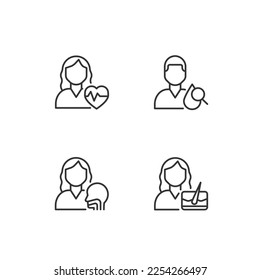 Juego de iconos lineales perfectos para el píxel de cita del doctor. Otorrinolaringología y cardiología. Diagnósticos, tratamiento. Símbolos de línea delgada personalizables. Ilustraciones aisladas del contorno vectorial. Trazo editable