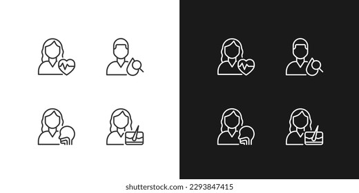Iconos lineales perfectos para el píxel de cita del doctor para el modo oscuro y claro. Otorrinolaringología y cardiología. Diagnósticos. Símbolos delgados para la noche, tema del día. Ilustraciones aisladas. Trazo editable