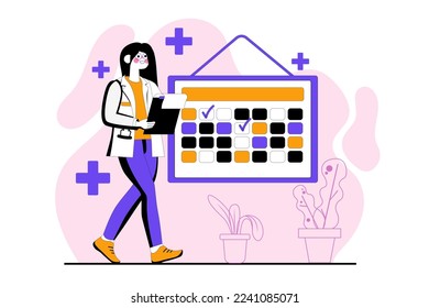Doctor appointment purple concept with people scene in the flat cartoon design. Doctor studies new drugs in order tp prescribe them to patient. Vector illustration.