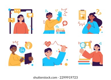 Doctor appointment set color concept with people scene in the flat cartoon design. Doctor prescribes appointments to patients that will help them in their treatment. Vector illustration.