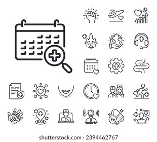 Doctor appointment sign. Online doctor, patient and medicine outline icons. Medical calendar line icon. Medical calendar line sign. Veins, nerves and cosmetic procedure icon. Intestine. Vector