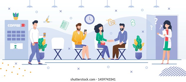 Doctor Appointment Turn Hospital. Vector Flat. Patients Waiting Visit Doctor. Guy with Coffee, Bearded Guy with Smartphone, Couple Holding Hands. Woman Doctor Smiles Invites Next Patient