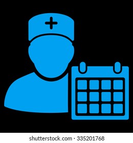 Doctor Appointment vector icon. Style is flat symbol, blue color, rounded angles, black background.