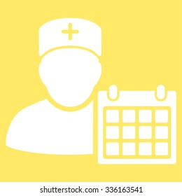 Doctor Appointment vector icon. Style is flat symbol, white color, rounded angles, yellow background.