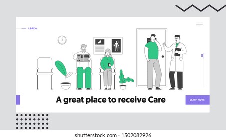 Doctor Appointment Website Landing Page. Senior Patients Sitting in Clinic or Hospital Hall for Health Care Treatment Reading Newspaper and Smartphone Web Page Banner. Cartoon Flat Vector Illustration