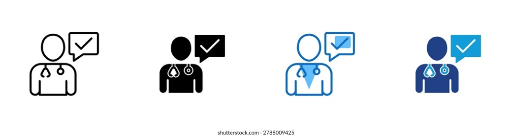 Doctor Approval Multiple Style Icon Design Vector - Doctor with check message representing medical consultation, verified healthcare advice, and patient support