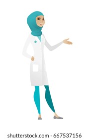 Doctor with arm out in a welcoming gesture. Full length of welcoming young muslim doctor in medical gown. Doctor doing a welcome gesture. Vector cartoon illustration isolated on white background.