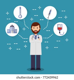 doctor arms folded with stethoscope medical icons