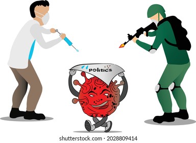 Doctor and army trying to destroy coronavirus illustration.