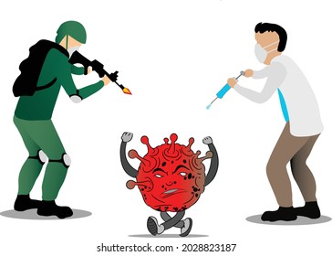Doctor and army trying to kill coronavirus.