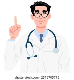 Doctor Asian Man Raises Finger with Stethoscope Illustration Vector Flat Design