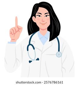 Doctor Asian Woman Raises Finger with Stethoscope Illustration Vector Flat Design