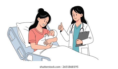 Doctor assesses new mother and her newborn baby during postnatal care checkup
