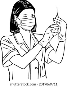 Doctor assistance Nurse with syringe Healthcare medical occupation Hand drawn line art Illustration