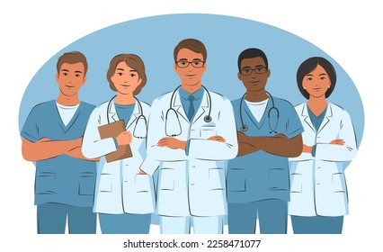 Doctor y asistente, enfermeras y grupo de asistencia médica. Equipo del hospital. Trabajadores amigables y solidarios. Ilustración vectorial.
