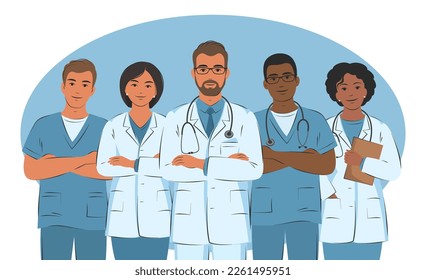 Doctor y asistente, enfermeras y grupo de asistencia médica. Equipo del hospital. Trabajadores amigables y solidarios. Ilustración vectorial.
