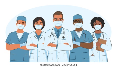 Doctor and assistant, nurses and medical helping group. Hospital team. Friendly and caring workers in protective masks and gloves. Vector illustration.
