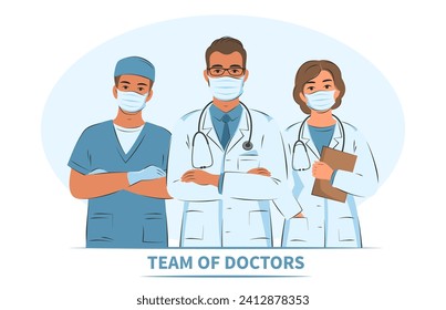 Doctor and assistant, nurses and medical helping group. Hospital team. Friendly and caring workers in protective masks and gloves. Vector illustration.
