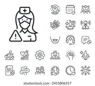 Doctor assistant sign. Online doctor, patient and medicine outline icons. Nurse with medical mask line icon. Face protection symbol. Nurse line sign. Veins, nerves and cosmetic procedure icon. Vector