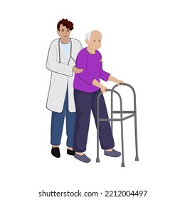 Doctor Assisting Old Man On A Walker Against White Background.