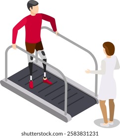 Doctor assisting a patient with prosthetic legs while exercising on a treadmill during a rehabilitation session in a modern clinic, highlighting the journey of recovery and determination