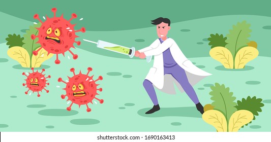 Un doctor ataca virus malvados usa una inyección como arma. Los médicos son héroes de la pandemia de Covid-19. Luchar contra el coronavirus, no tengas miedo. diseño de ilustración banner o vectores de póster