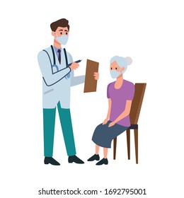 doctor attending old woman in chairs vector illustration design