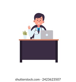 Doctor available at desk room treatment assistance flat illustration at hospital clinic healthcare medical