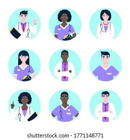 Doctor avatar character standing in the circle flat style design vector illustration isolated on white background. Medical clinic hospital staff employee icon.