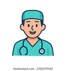 Doctor Avatar Icon Vector, Smiling Cartoon Surgeon Character with Stethoscope and Scrubs, Male Medical Staff Symbol for Hospital and Healthcare Profile Design