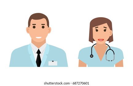 Doctor avatar illustration. Doctor icons. People icons collection: doctor and nurse. Doctor standing on white background in flat style.