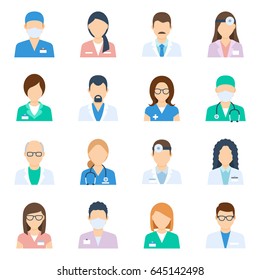 Doctor avatar male and female set, nurses and medical staff, professional images to use in forums, blogs, websites or instant messengers. Vector flat style illustration isolated on white background