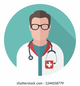 Doctor avatar. Vector medical icon doctor in glasses. The doctor is a man in uniform and with a stethoscope. Illustration of a doctor in flat style.