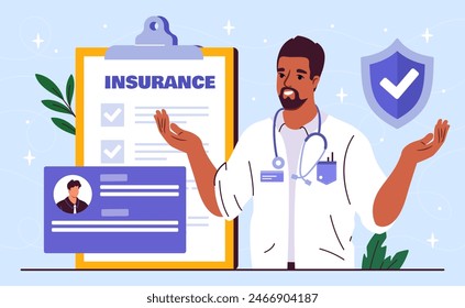 A doctor in the background of a health insurance policy. The concept of health insurance. Healthcare and medicine, treatment, diagnosis. Flat vector illustration