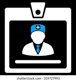 Doctor Badge vector icon. Style is bicolor flat symbol, blue and white colors, rounded angles, black background.