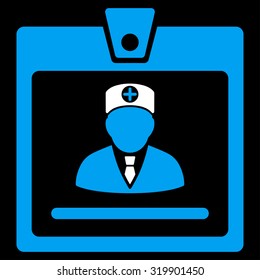 Doctor Badge vector icon. Style is bicolor flat symbol, blue and white colors, rounded angles, black background.