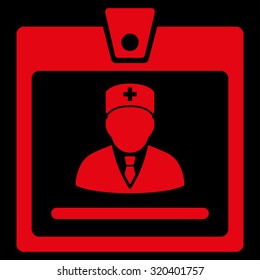 Doctor Badge vector icon. Style is flat symbol, red color, rounded angles, black background.