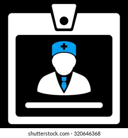 Doctor Badge vector icon. Style is bicolor flat symbol, blue and white colors, rounded angles, black background.