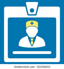 Doctor Badge vector icon. Style is bicolor flat symbol, yellow and white colors, rounded angles, blue background.