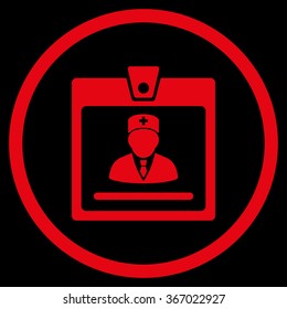 Doctor Badge vector icon. Style is flat circled symbol, red color, rounded angles, black background.