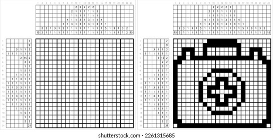 Doctor Bag Icon Nonogram Pixel Art, Medical Kit Bag, Heart Care Professional Bag Icon Vector Art Illustration, Logic Puzzle Game Griddlers, Pic-A-Pix Picture Paint By Numbers