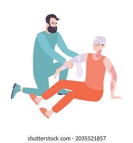 Doctor with bandages giving first aid to sunburnt man flat vector illustration