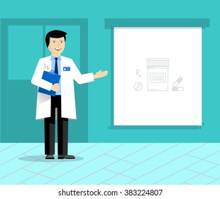  Doctor with banner or projection screen giving medical presentation. Doctor on presentation.