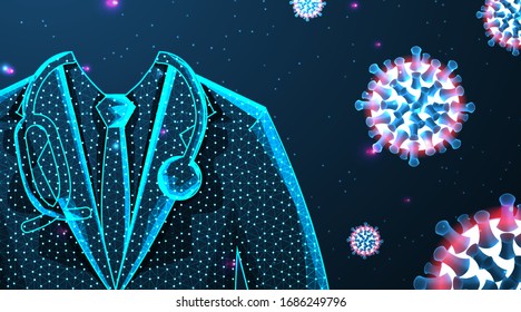 doctor be hero, stop corona virus, covid-19. vector illustration. low poly wireframe background